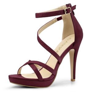 Stiletto Heel Back Zipper Platform Ankle Strap Sandals Burgundy